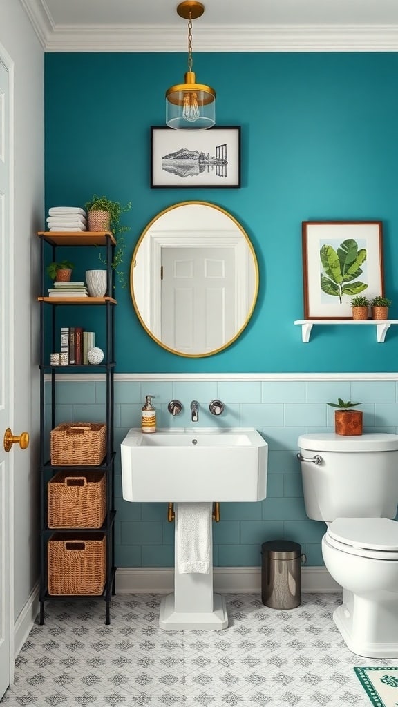 A modern bathroom featuring a teal statement wall, round mirror, stylish light fixture, and natural decor elements.