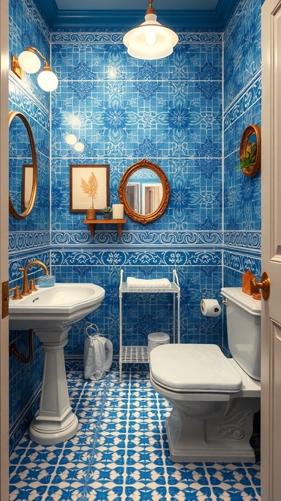 A vintage-style bathroom featuring blue tile patterns, a round mirror, and a classic bathtub.
