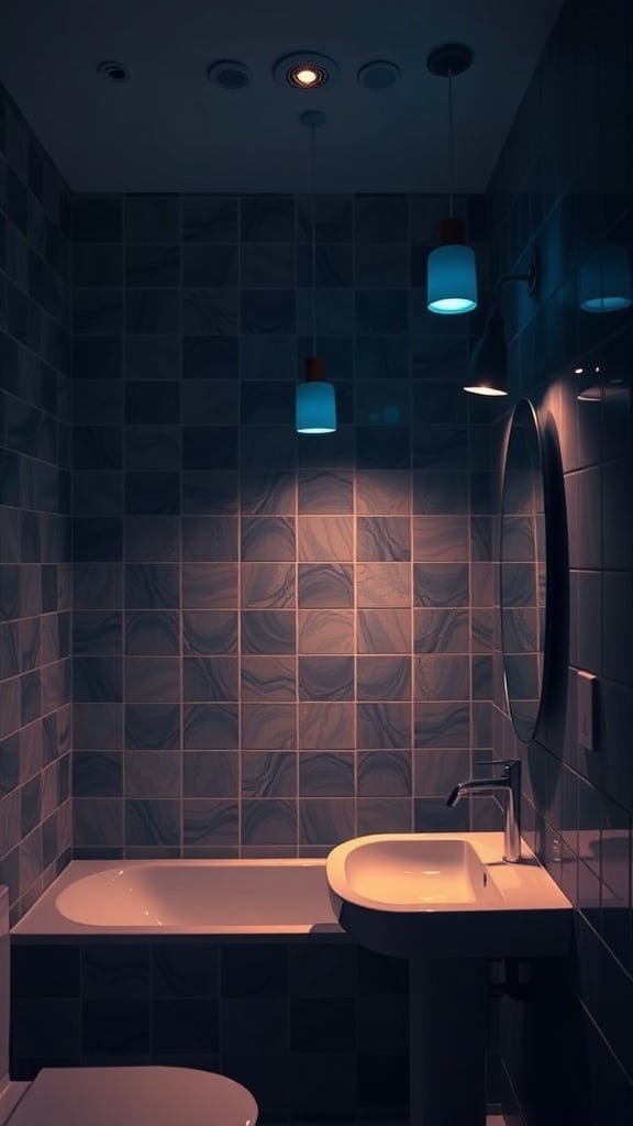 A moody blue bathroom featuring stylish pendant lighting and a round mirror.