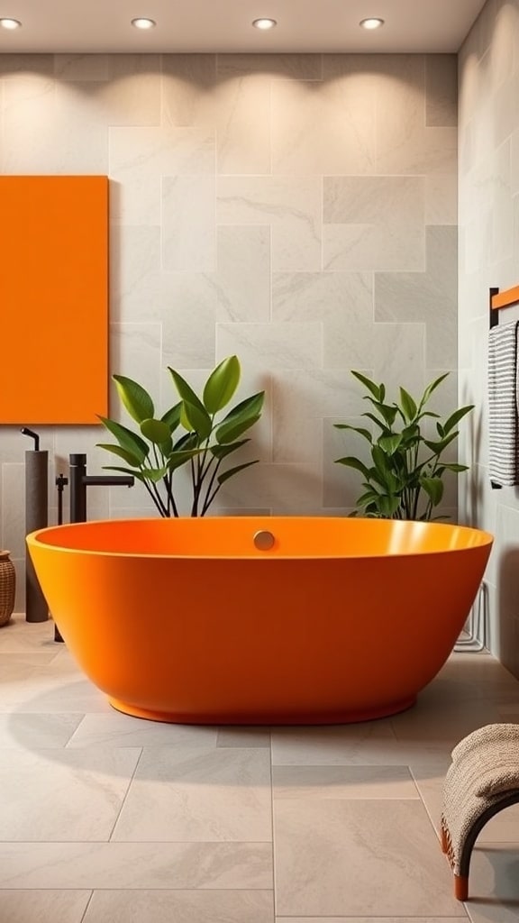 A vibrant orange bathtub in a modern bathroom setting with light-colored tiles and plants.