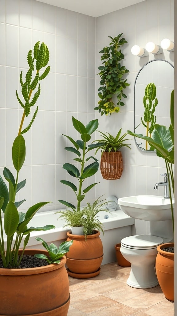 A bathroom featuring terracotta pots with various green plants, creating a warm and inviting atmosphere.