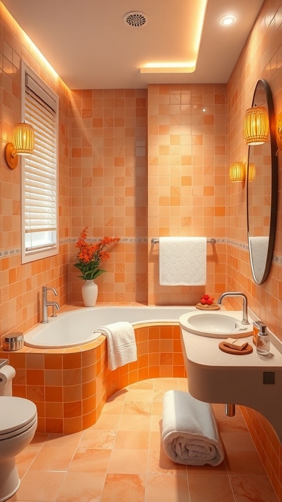A luxurious bathroom featuring orange tiled walls, a curved bathtub, and elegant lighting.