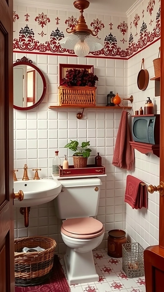 A vintage-style bathroom featuring burgundy accessories, patterned wallpaper, and warm lighting.