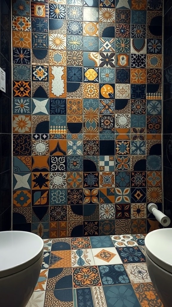 A bathroom wall featuring a variety of artistic tiles in deep blues and warm oranges, showcasing intricate patterns.
