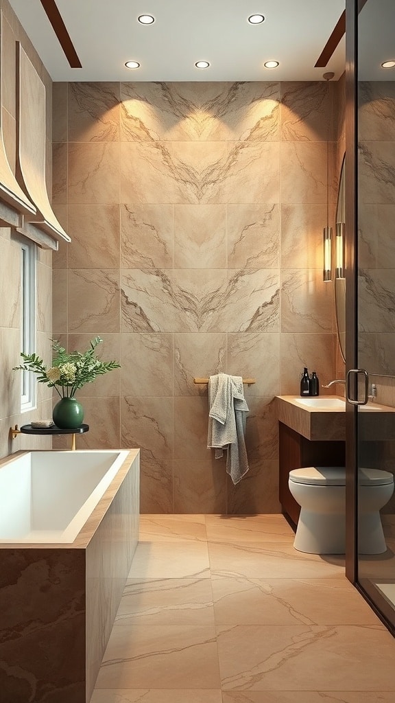 Luxurious bathroom featuring marble walls and brown accents