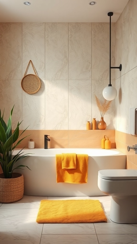 A stylish bathroom featuring moody ochre accents with a bathtub, plant, and decorative elements.