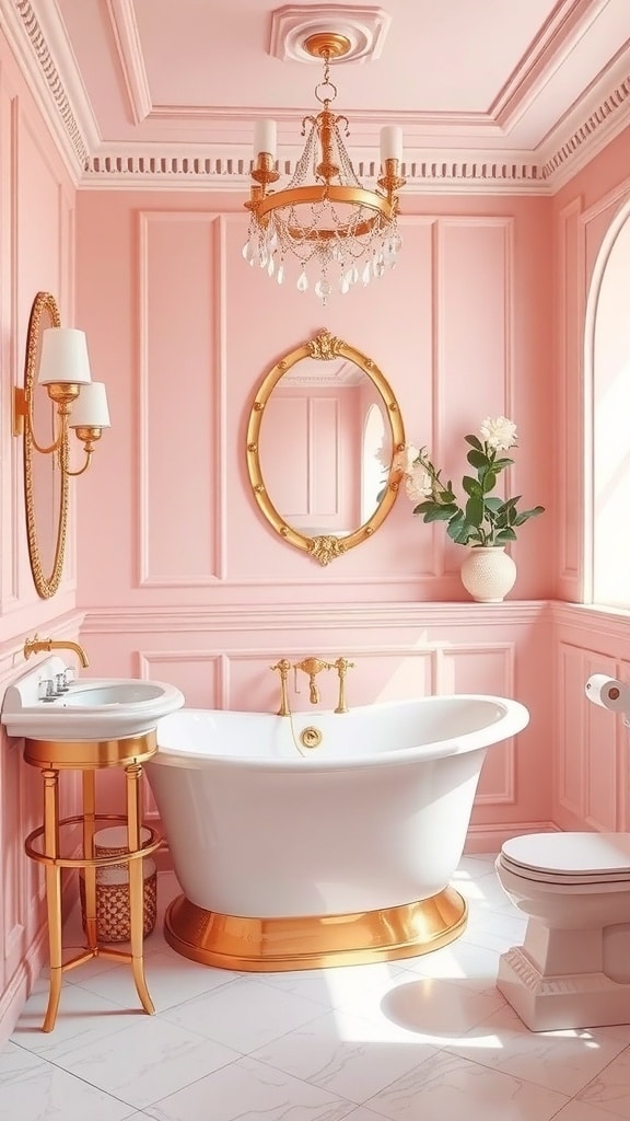 A stylish pink bathroom featuring gold accents, a freestanding bathtub, and elegant lighting.