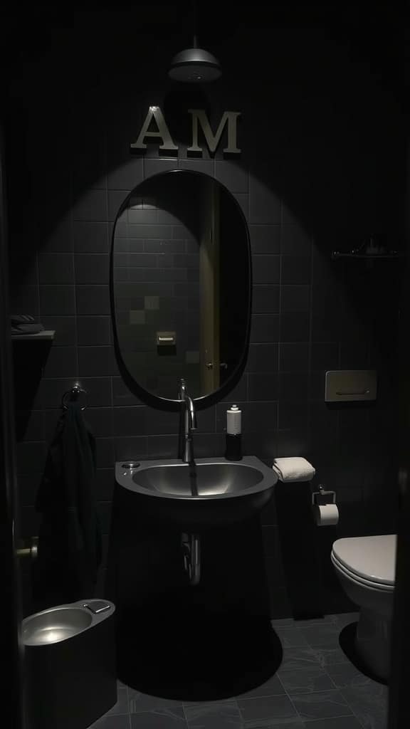 A dark bathroom featuring a modern sink design with a round mirror and minimalist decor.