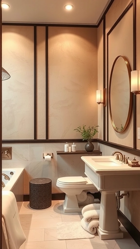 A luxurious bathroom featuring marble walls and burgundy cabinetry.