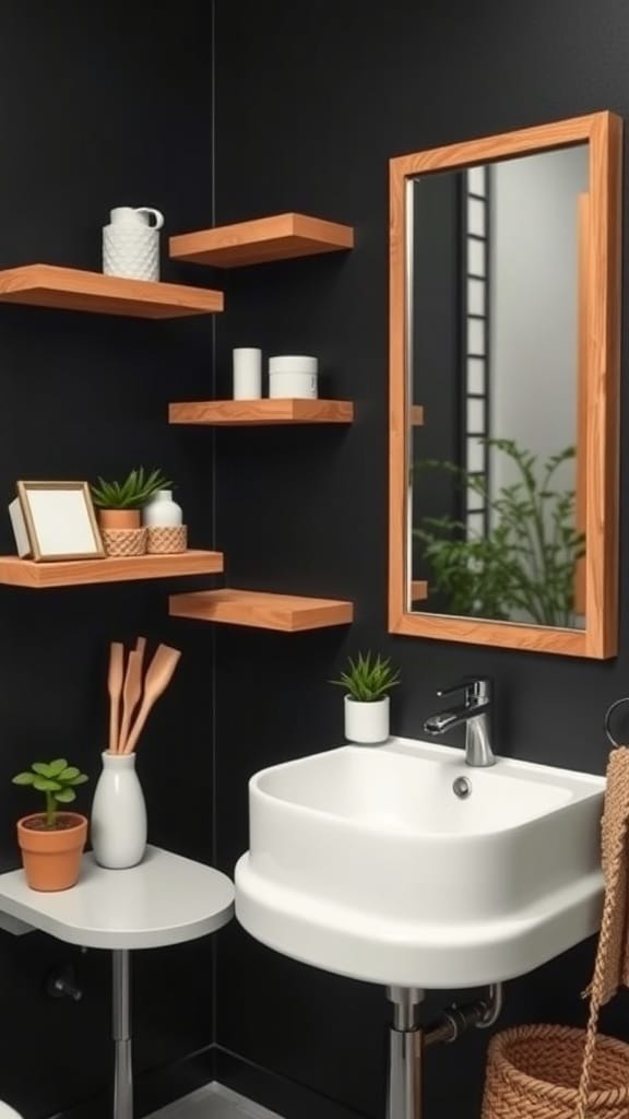A boho black bathroom featuring natural wood accents with shelves and a mirror.