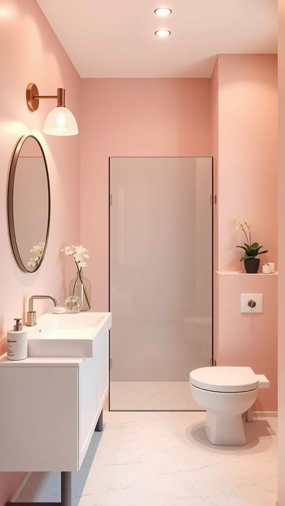 A modern bathroom featuring blush pink accent walls, a round mirror, and a sleek white vanity.