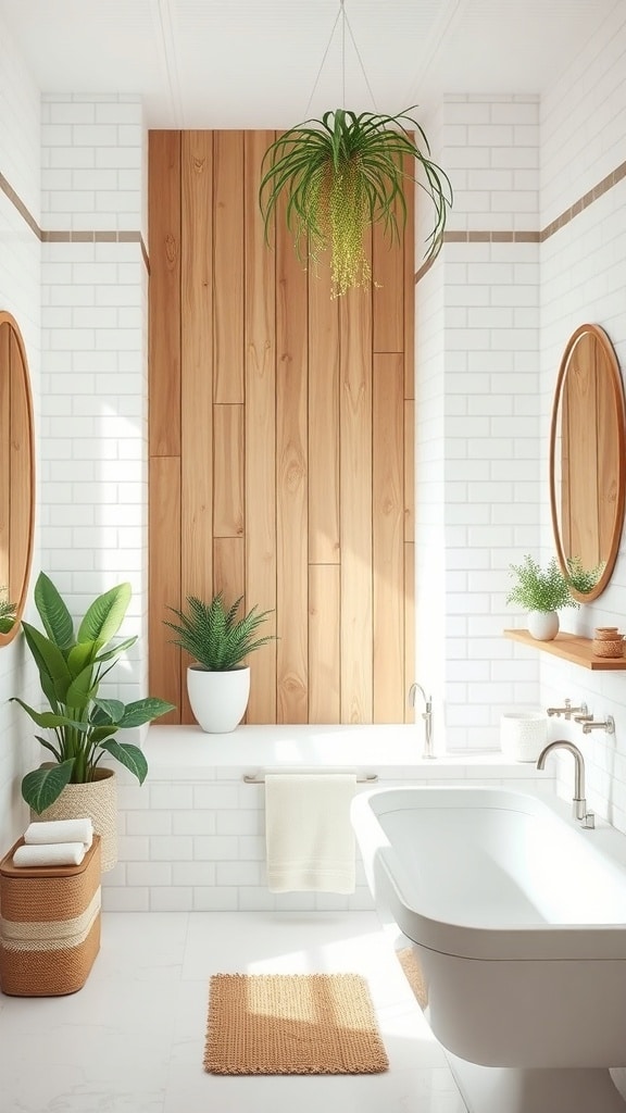 A bright white bathroom featuring wooden accents, plants, and a modern bathtub.