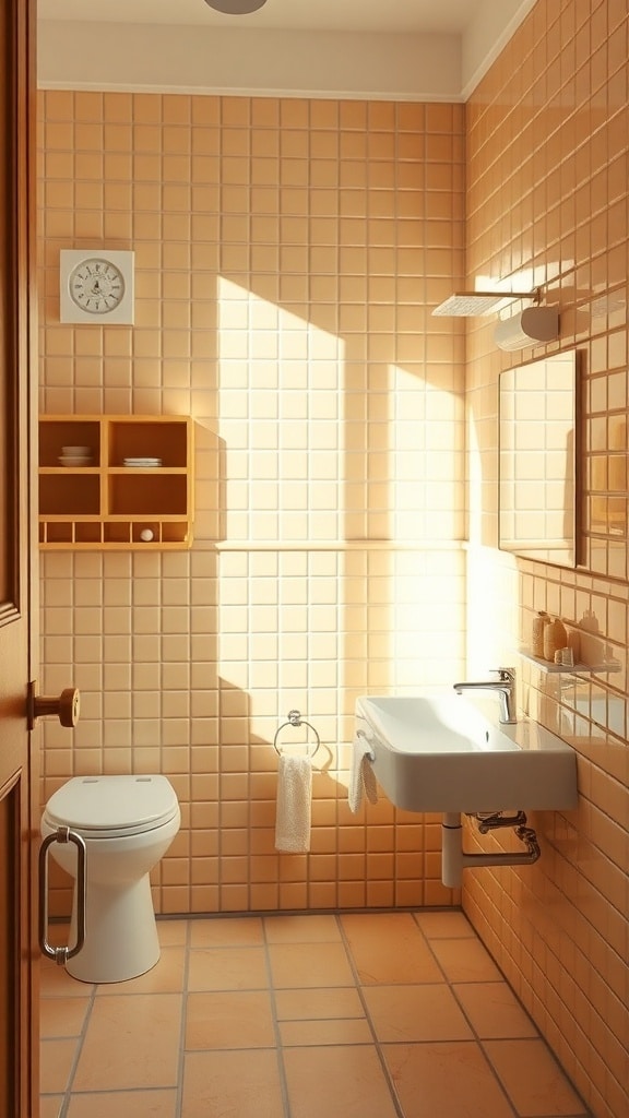 A mid-century beige bathroom featuring warm neutral tiles, a modern sink, and natural light.