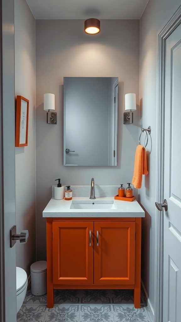 A small bathroom featuring a rust orange vanity with a white countertop and matching accessories.