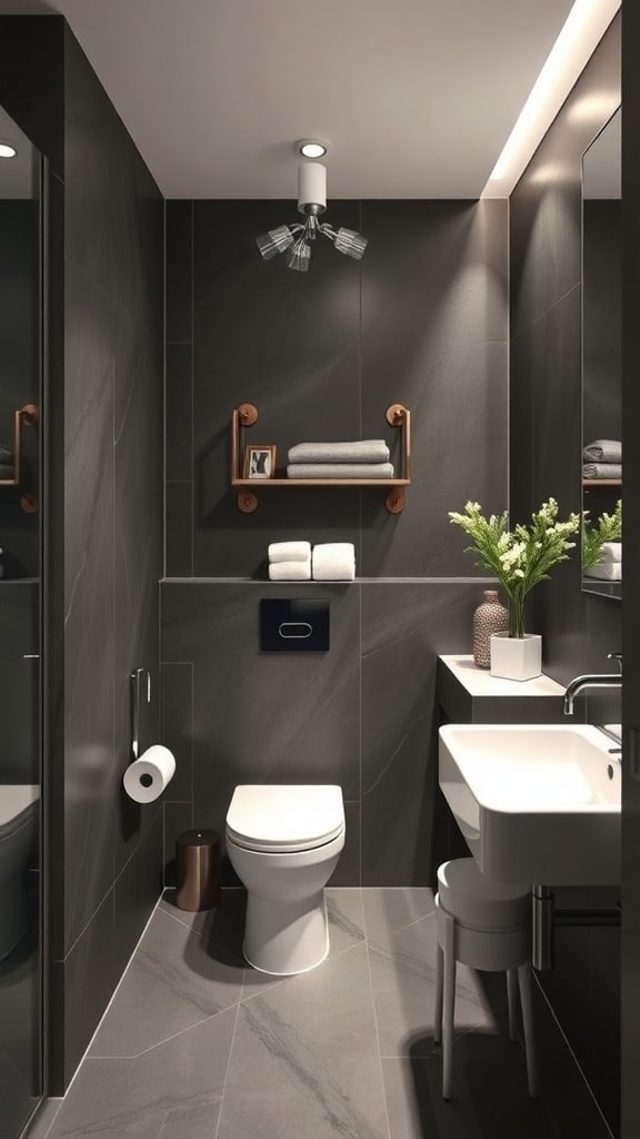 A modern charcoal gray bathroom featuring white accents, a floating shelf with towels, and stylish lighting.