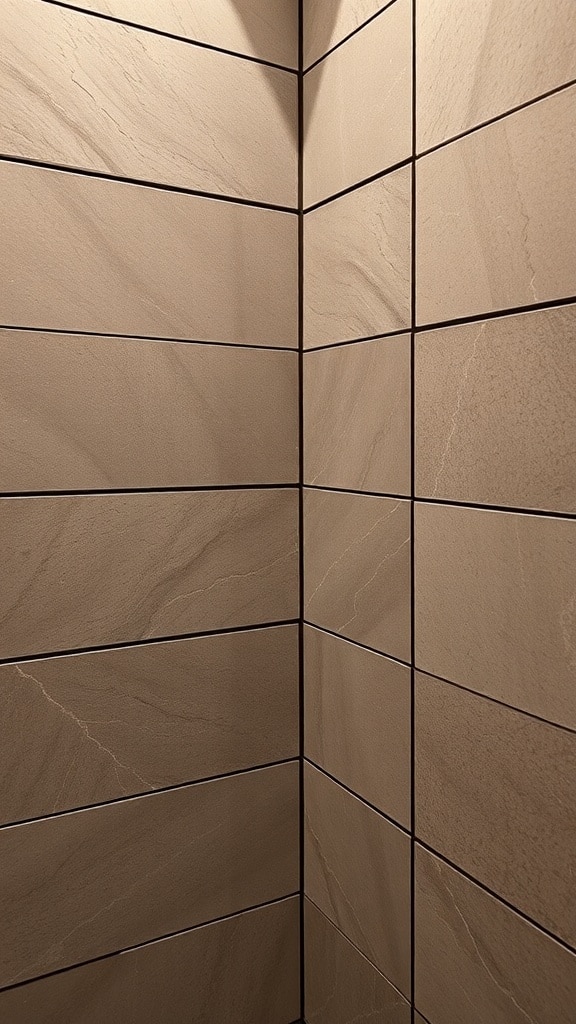 Soft taupe bathroom tiles with dark chocolate grout in a corner view.