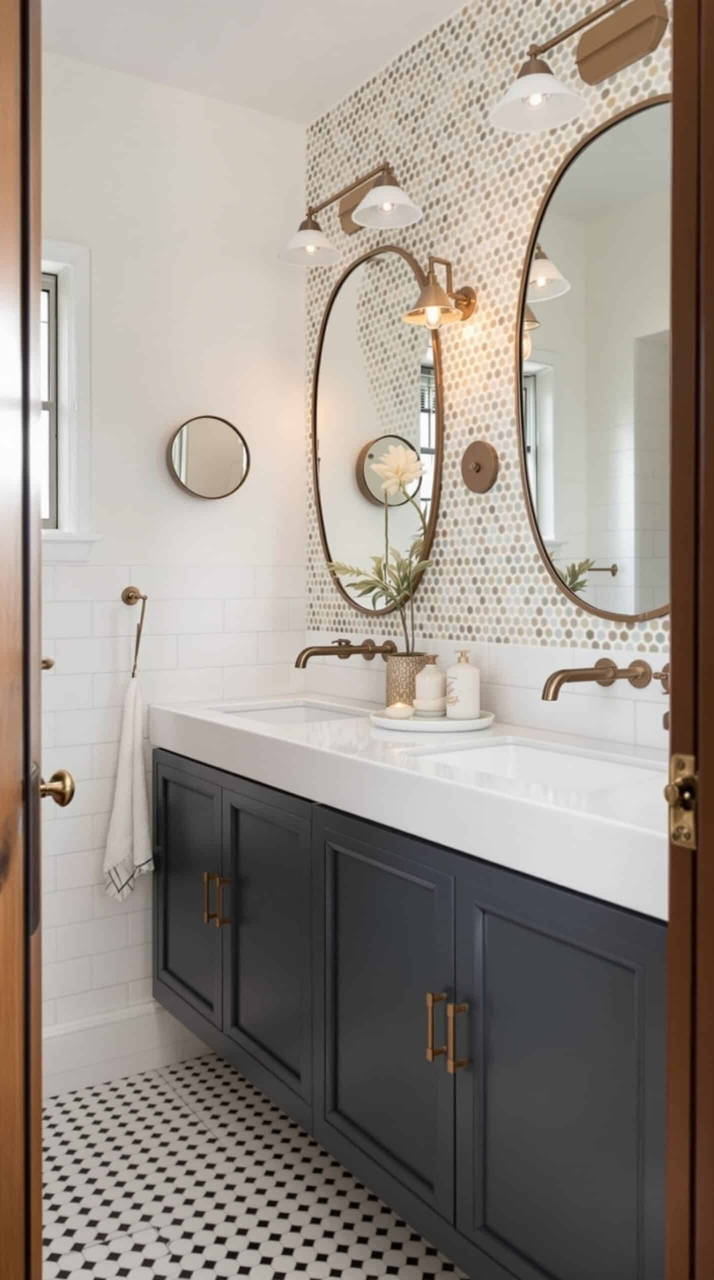 A vintage-inspired bathroom featuring classic fixtures, modern lighting, and white subway tiles.