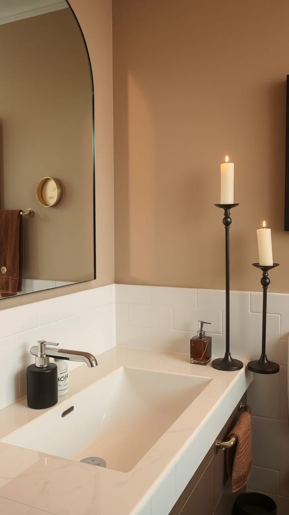 A stylish bathroom featuring chocolate accents, including a brown towel, candle holders, and modern accessories.