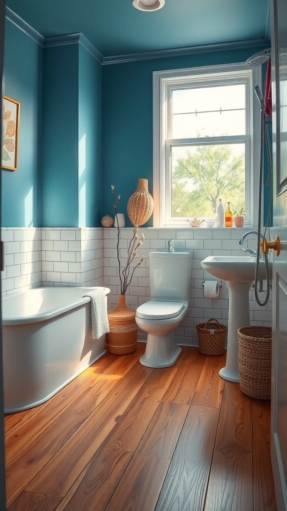 A cozy bathroom featuring warm wood flooring, earthy blue walls, and white fixtures.