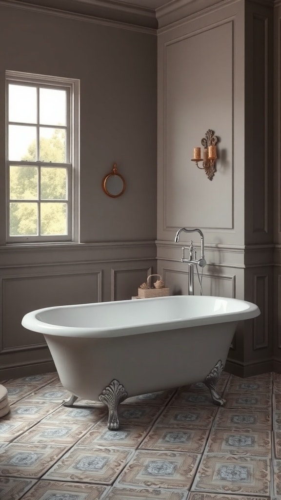 A vintage taupe bathroom featuring a classic freestanding bathtub with clawfoot design.