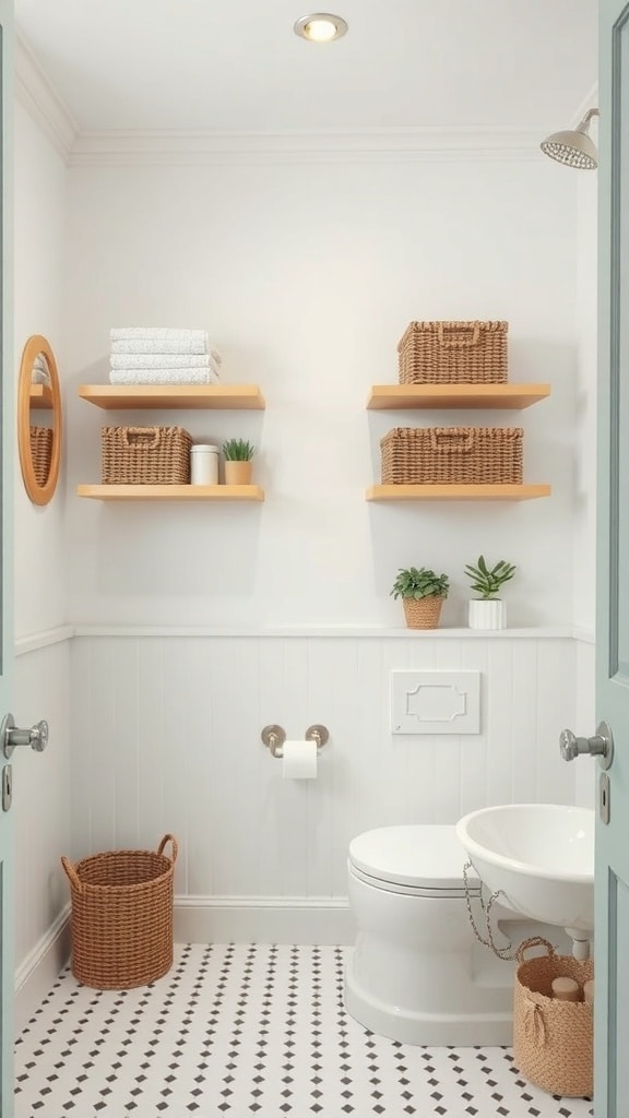 A soft mint bathroom featuring open shelves with towels and baskets, a round wicker basket on the floor, and plants for decoration.