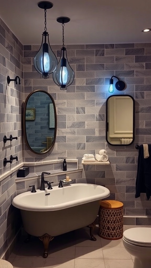 A stylish navy blue bathroom featuring unique pendant lights and wall sconces.