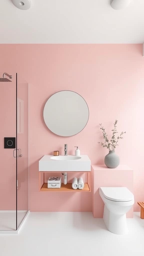 Modern bathroom with blush pink accent wall, white fixtures, and natural wood accents.