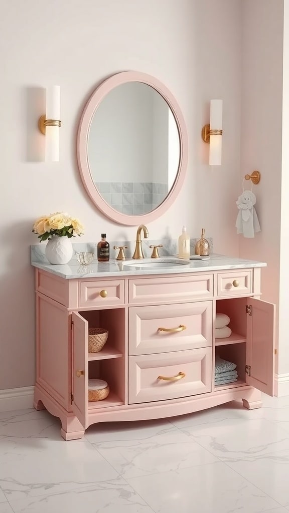Blush pink bathroom vanity with marble top and round mirror