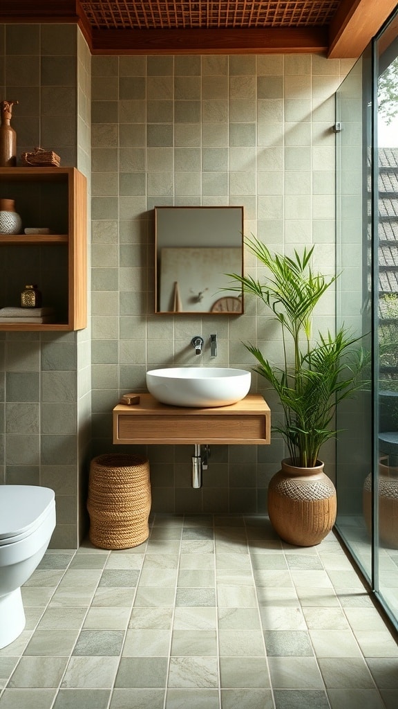 A modern olive green bathroom featuring sustainable materials like wood and eco-friendly tiles.