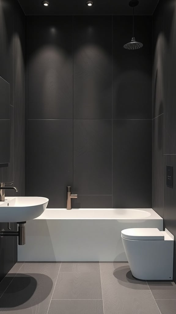 A modern bathroom featuring charcoal gray walls and flooring, a white bathtub, and sleek fixtures.
