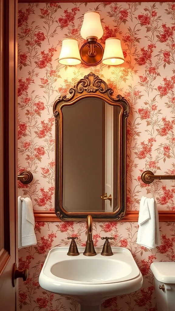 A bathroom with floral blush pink wallpaper, featuring an ornate mirror and stylish lighting.