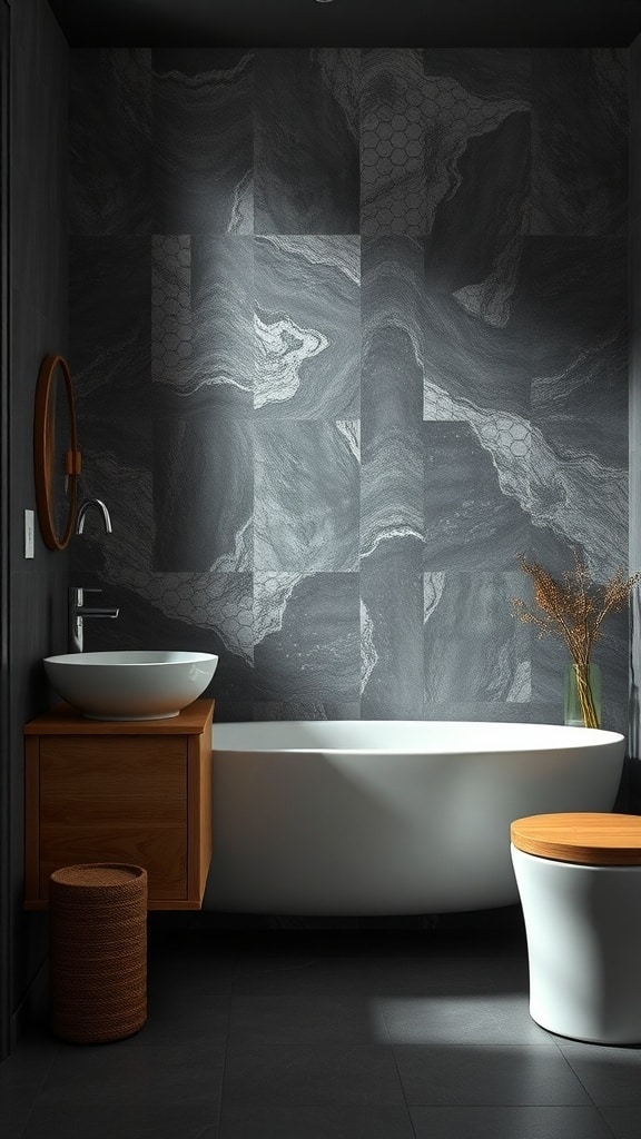 A stylish bathroom featuring charcoal gray walls and natural wood elements, including a wooden vanity and stool.