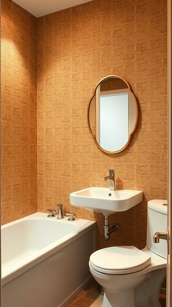 A bathroom featuring textured caramel wallpaper, a round mirror, a white bathtub, and a modern sink.