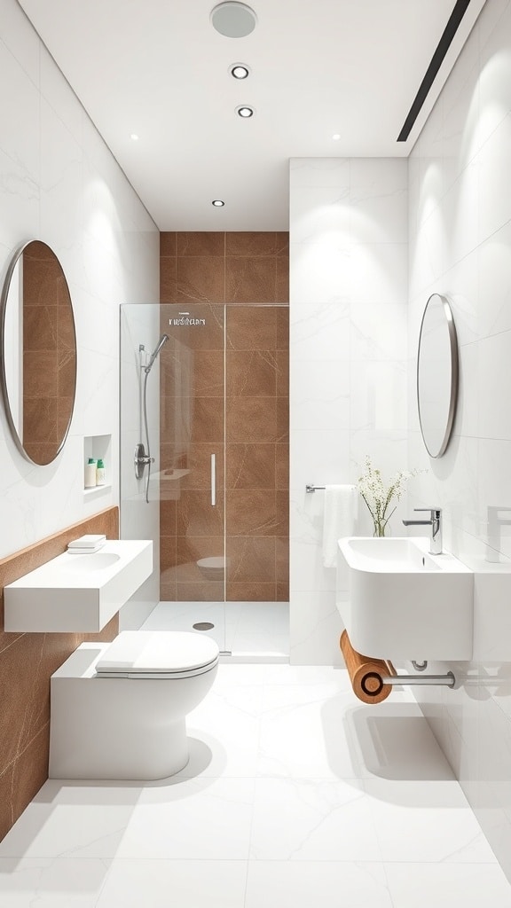 A modern bathroom featuring a white and brown color palette with round mirrors and wooden accents.