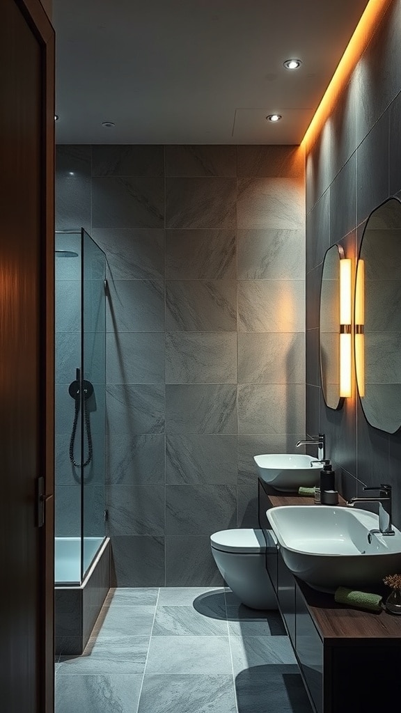A modern bathroom featuring layered lighting with recessed lights and wall sconces, showcasing earthy blue tones.