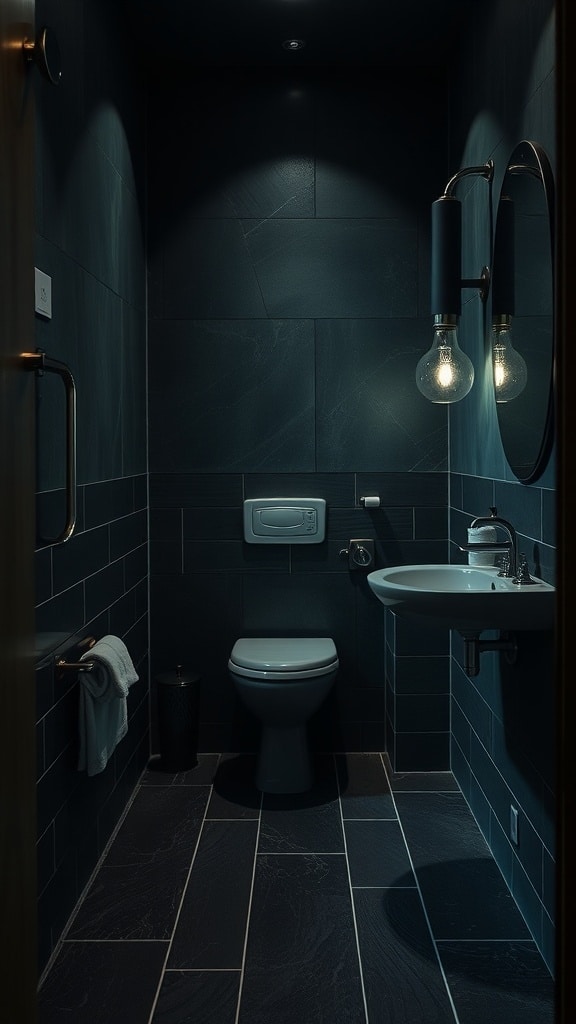 A dark, moody bathroom with rich tiles and warm lighting.