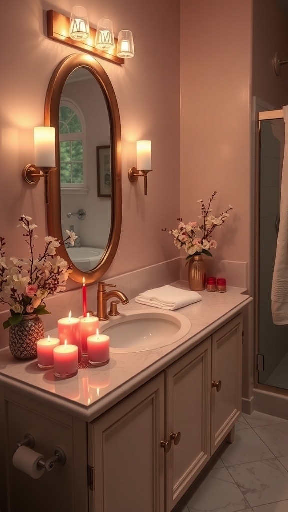A pink bathroom featuring pink candles, a round mirror, and flowers on the countertop.