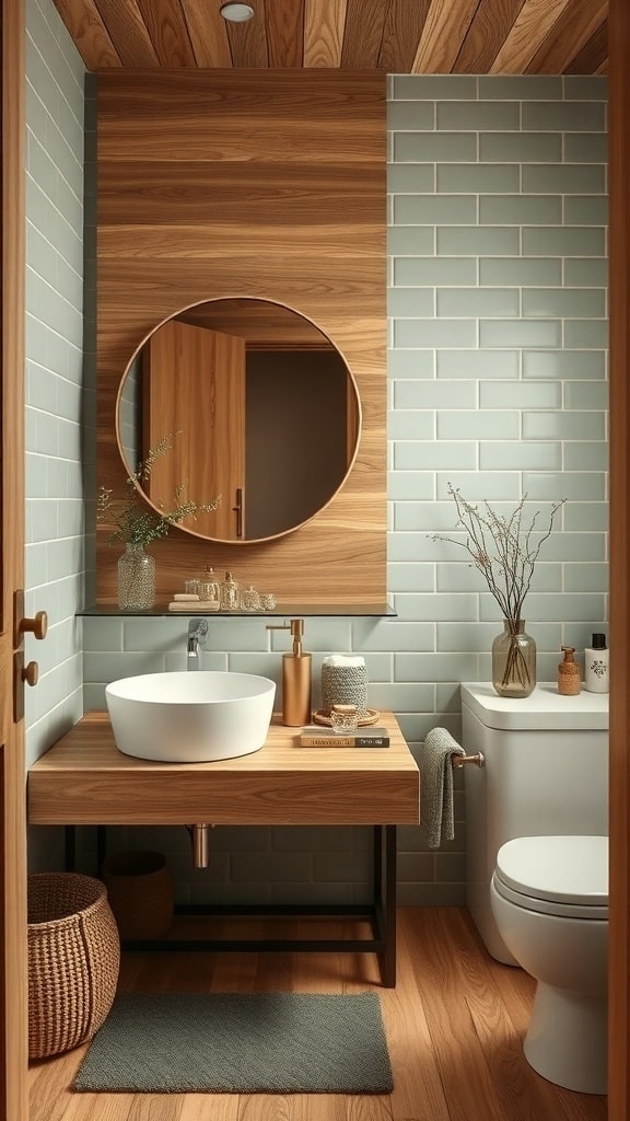 Stylish bathroom featuring sage green tiles and natural wood elements