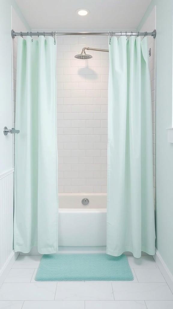 Soft mint shower curtains in a bathroom with a tub and light-colored tiles.