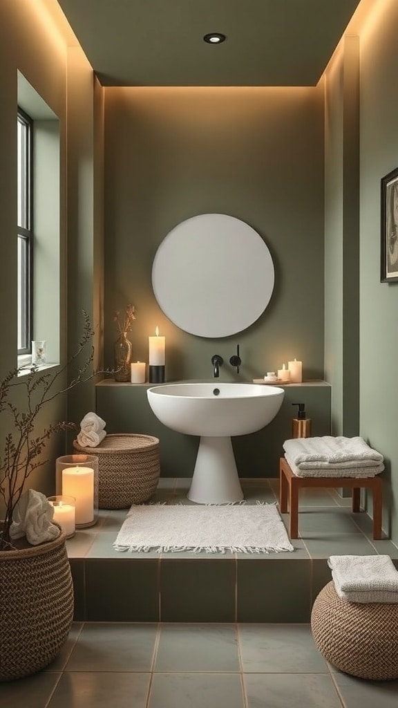 A serene olive green bathroom featuring a round sink, candles, and natural decor.