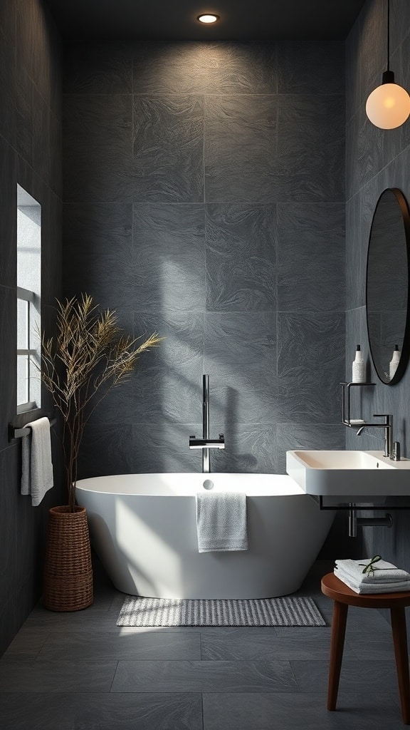 A spa-inspired charcoal gray bathroom featuring a freestanding tub, natural light, and minimalist decor.