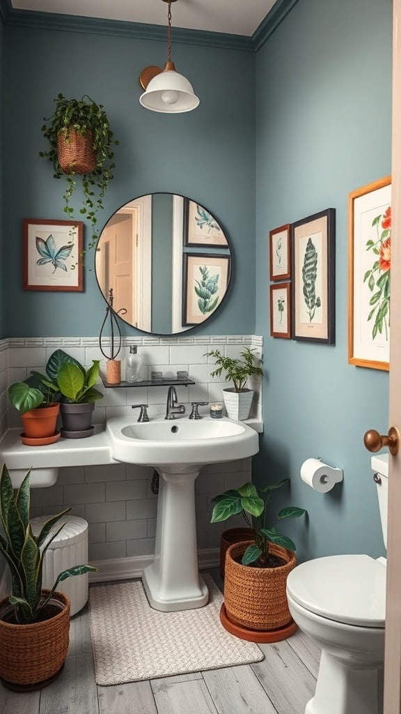 A serene bathroom with earthy dusty blue walls, featuring potted plants, botanical artwork, and a round mirror.