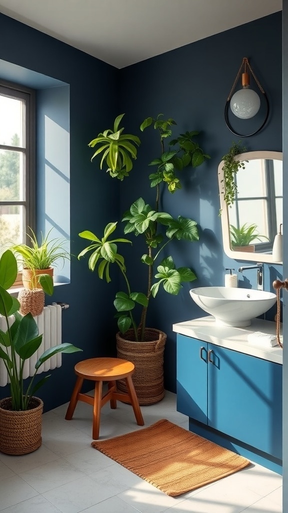 A mid-century bathroom featuring indigo walls, indoor plants, and modern fixtures.