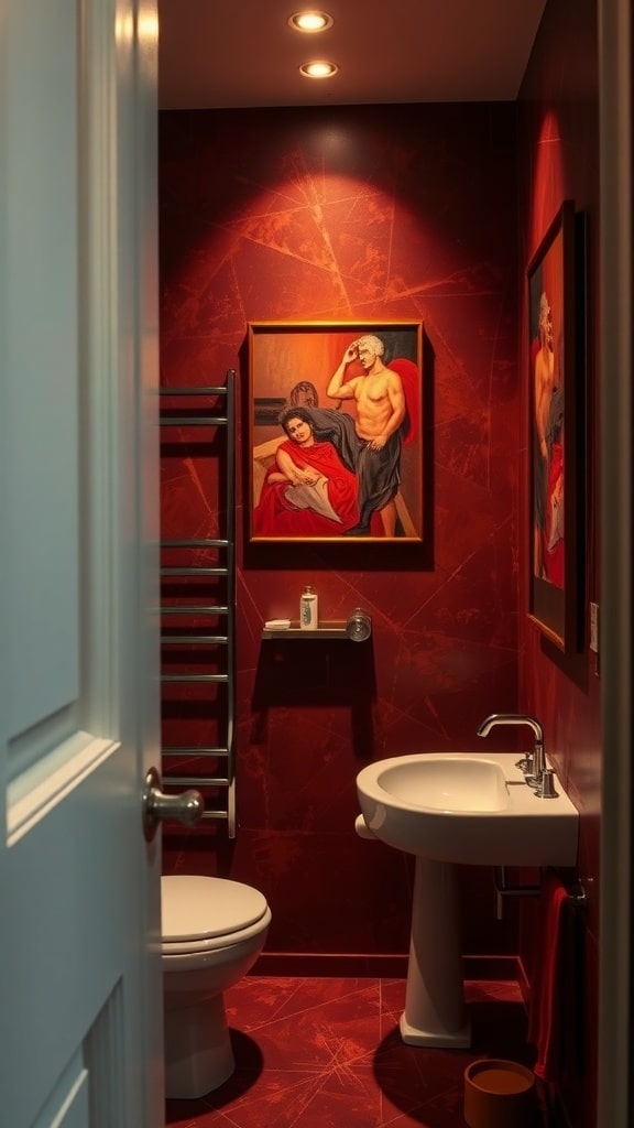 A small burgundy bathroom with classical wall art featuring figures, illuminated by soft ceiling lights.