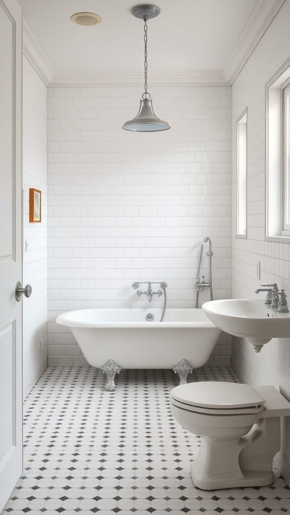 A vintage-inspired bathroom featuring a white freestanding tub, patterned floor tiles, and a stylish light fixture.