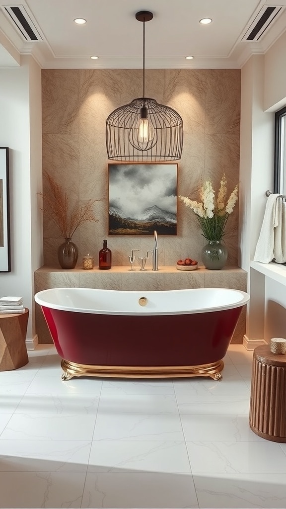 A stylish burgundy bathtub with a gold base, surrounded by elegant decor and soft lighting.