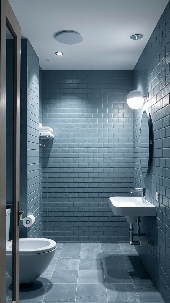 A chic tiny slate blue bathroom featuring stylish lighting options.