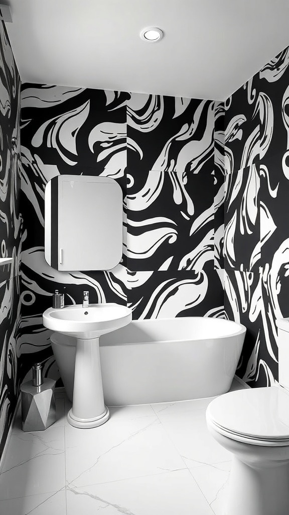 A modern black and white bathroom with bold swirling accent walls, a white bathtub, and sleek fixtures.