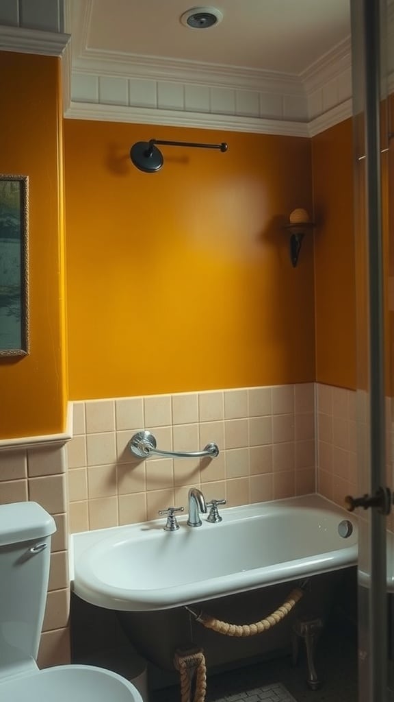 A cozy bathroom featuring ochre yellow walls and vintage fixtures, including a classic bathtub and modern toilet.