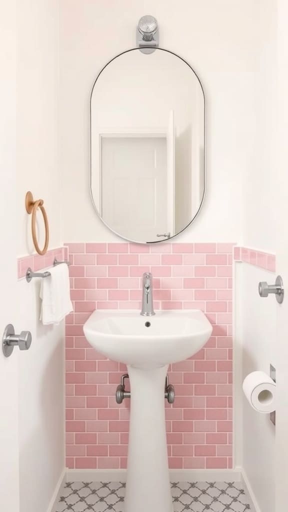 A small bathroom featuring a pink mosaic backsplash, white sink, and oval mirror.
